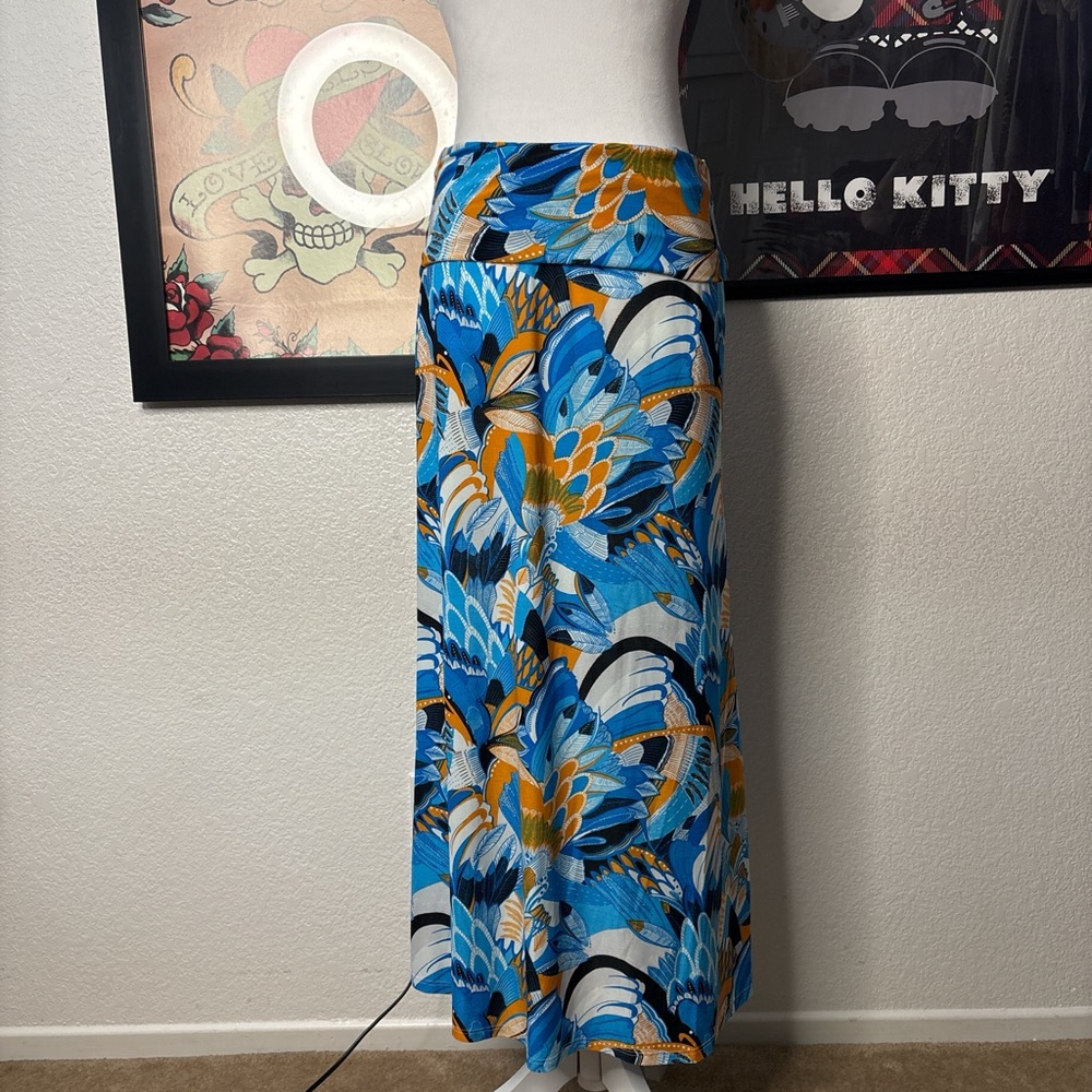 G.L.A.M Blue Tropical Floral Foldover Maxi Skirt Y2K Boho Indie Resort Vacation